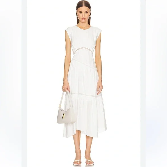 knee length dresses for ladies White Linen Lace Insert Midi Dress  self-portrait-US